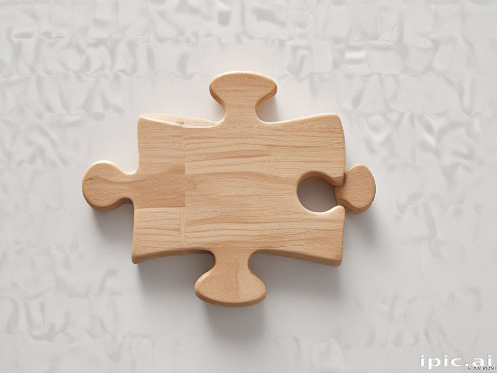 Single Wooden Puzzle Piece Resting on a Textured White Background.