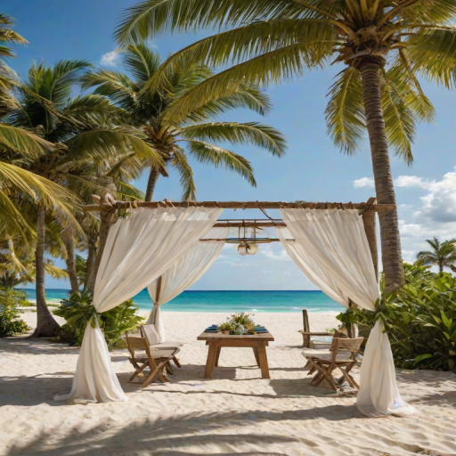 Create a picturesque tropical beach scene featuring a serene, white sandy shore. In the foreground, there's a rustic wooden canopy with white drapes gently flowing in the breeze. Underneath the canopy, a table is set with tropical decor, evoking a sense of relaxation and leisure. The beach extends into a calm, shallow water area with reflections of the sky and surroundings. Palm trees and lush greenery line the edge of the beach, providing a natural, tropical backdrop. The sky is clear with a few scattered clouds, and the overall atmosphere is tranquil and inviting, perfect for a peaceful retreat.