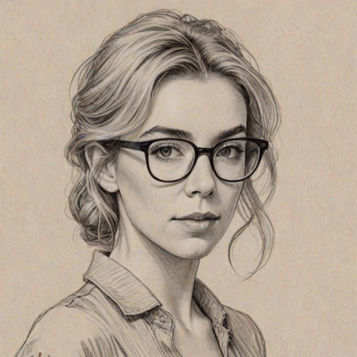 Attractive Vanessa Kirby, pencil sketch, portrait of Attractive woman 1977s in glasses, hair style beatnik, outline, clear lines, fine lines, 8k
