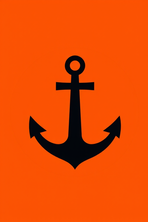 Create a high-resolution image of a simple black anchor icon centered on a vibrant orange circular background, with a clean minimalist design, using a DSLR camera, aperture f/4, shutter speed 1/200s, ISO 100, and a slight vignette effect for depth.