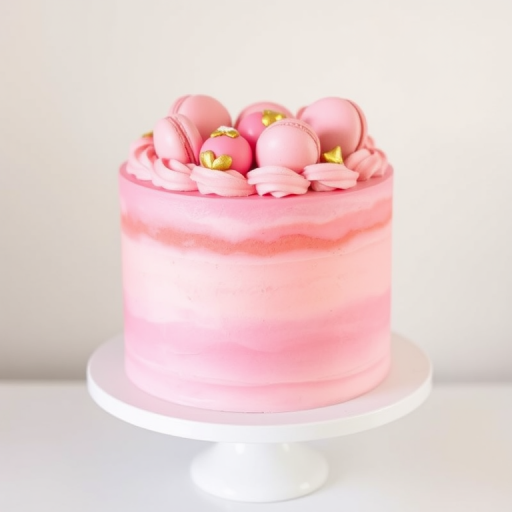 Create an image of a beautifully decorated cake with a gradient pink frosting, topped with pink macarons, swirls of frosting, and edible gold accents, placed on a white cake stand against a neutral background.