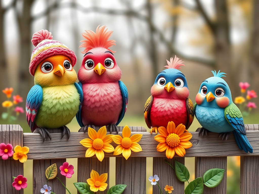 create a scene of 4 quirky  whimsical colourful comical birds each with a funny expression. they are sat on a wooden fence with colourful flowers. they are all different sizes. each one is a different colour  one is wearing a woolly hat. Each one has a different quirky google expression and there is a muted background of trees watercolour paintierly style high definition 8k resolution 3D paper mache