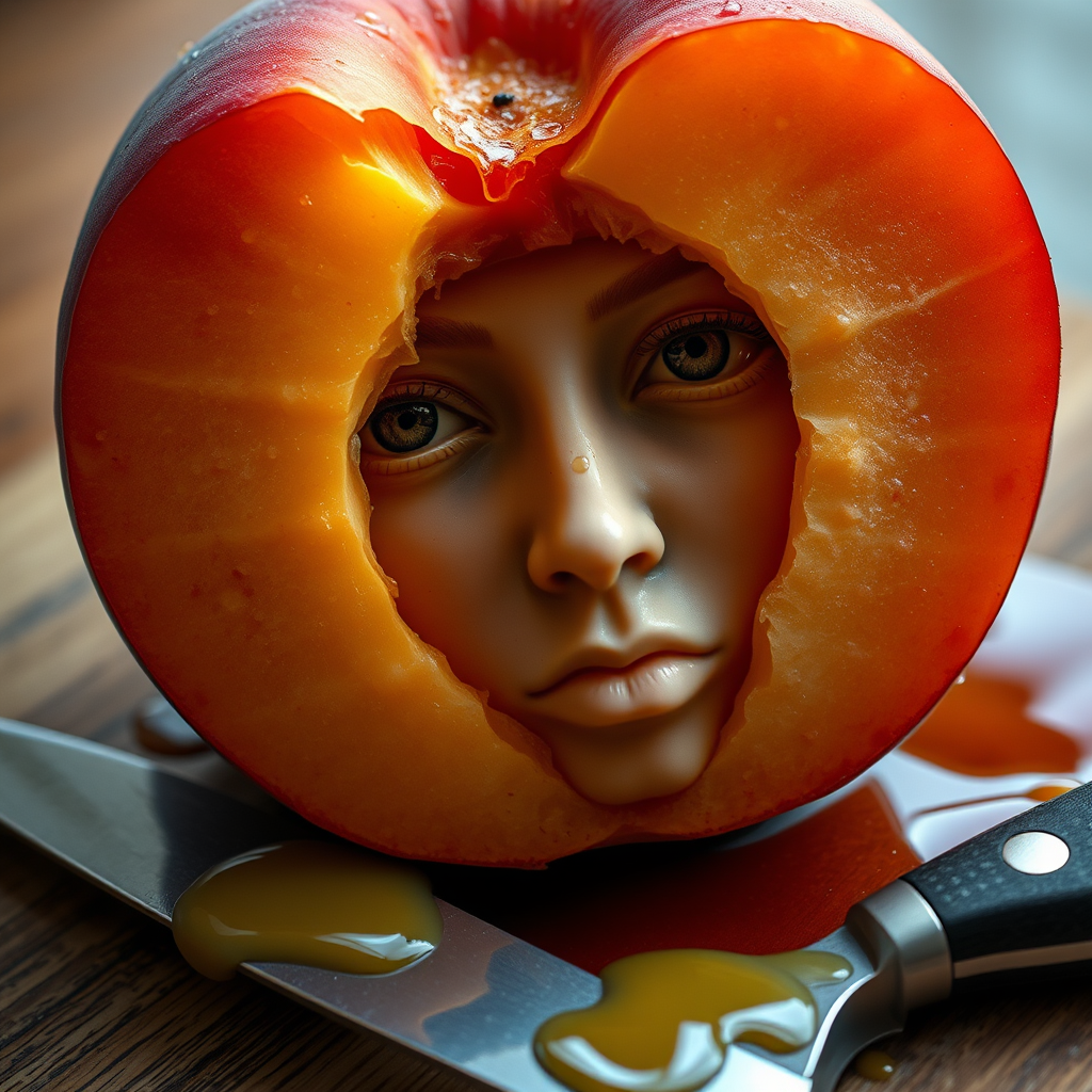 A hyperdetailed photorealistic macro color saturated high resolution image of a peach cut in half, with the peach pit being a highly detailed sculpted woman's face with her eyes open and peach-colored irises. The face has a marble texture. The image includes condensation, moisture, and peach juice. The peach is on a wooden cutting board with a small fruit knife nearby, also covered with juice.
