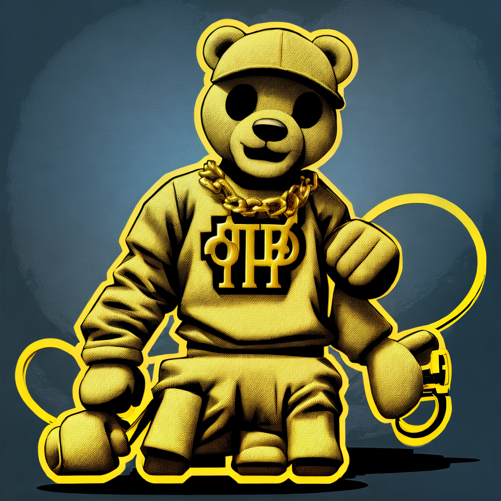 A 2d logo vector of Hip-hop teddy with huge chains, dollar sign and cash in