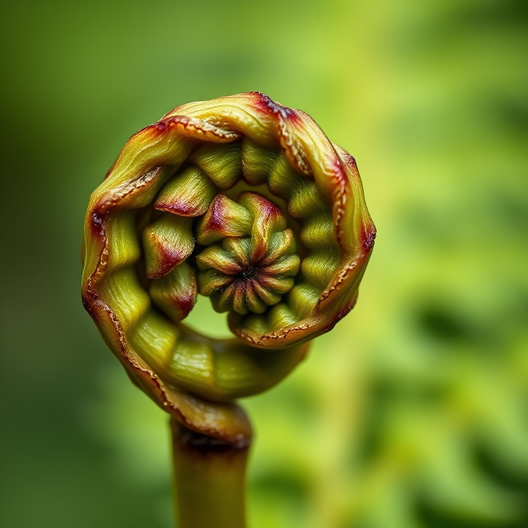 macro shot of a fern frond unfurling with intricate details and textures, shallow depth of field, soft natural lighting, captured with a Canon EOS 5D Mark IV, 100mm f/2.8L macro lens, ISO 200, f/2.8, 1/200s, focus on the curled tip of the fern