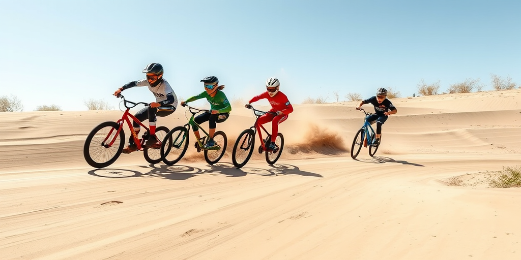 Generate an illustration of five BMX riders racing down a sandy track under a clear sky, capturing dynamic movement and shadows; use a DSLR camera with a 50mm lens, f/2.8 aperture, 1/1000 shutter speed, and ISO 200, with a low angle view to emphasize speed and action.