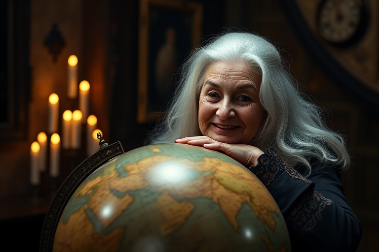 Create a high-resolution image of an elderly woman with long white hair smiling mischievously while leaning over an ornate globe, set in a dimly lit, mysterious room with candles flickering in the background, captured with a Canon EOS R5 camera, 50mm lens, f/1.8 aperture, ISO 200, 1/60s shutter speed, using a moody chiaroscuro lighting style for dramatic effect.