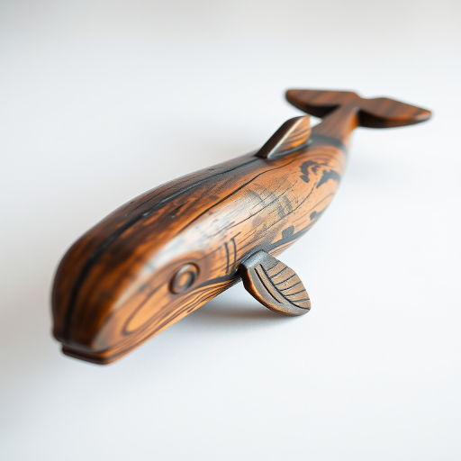 Create a highly detailed image of a vintage wooden whale carving, captured with a DSLR camera at f/2.8 aperture, ISO 100, 50mm lens, natural light, shallow depth of field, and a clean white background for enhanced clarity and contrast.