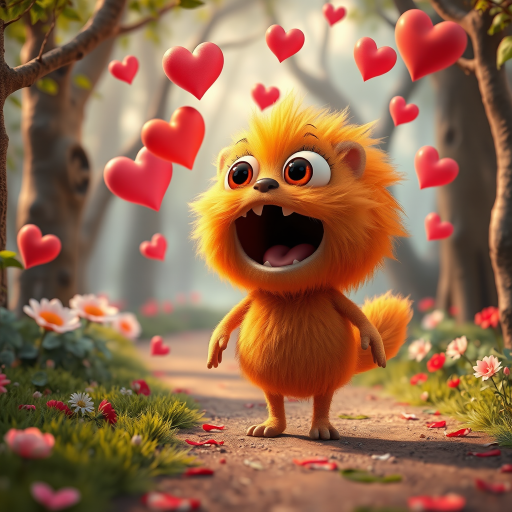 A fluffy orange creature with large eyes and a wide open mouth stands on a path in a whimsical forest, bright pink and red hearts float through the air, the creature has a surprised expression, the light is warm and soft, photorealistic, digital art, 3D style