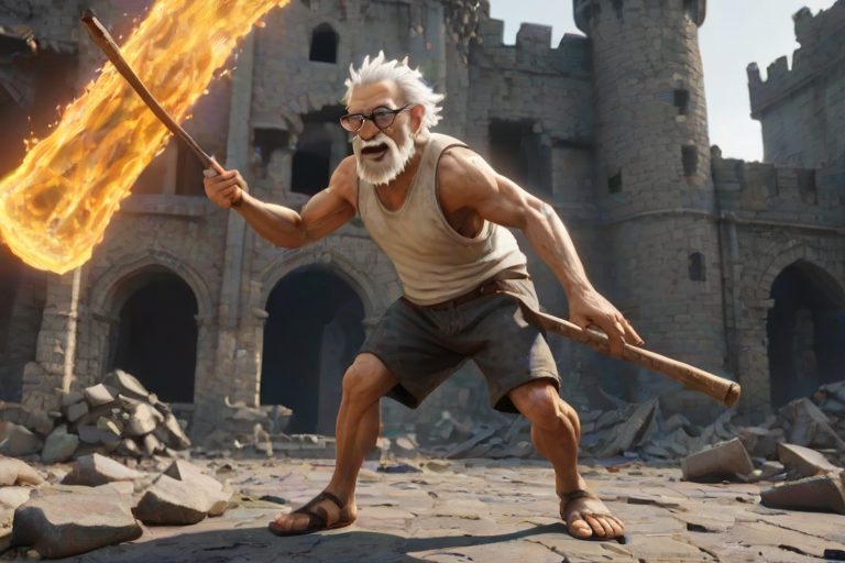 Cartoon 3D High-Resolution,dynamic battle scene using Unreal Engine 5 and Octane Render. The scene features back of an elderly, thai man with a beard,messy hair and round golden-rimmed glasses. He is wearing a tattered tank top with soot marks, shorts, and sandals. sweating. he wields a baseball bat. He jump to fight with a white fire-breathing Europe dragon amidst a partially destroyed stone castle. Include intense flames, smoke, and debris to enhance the dramatic effect.