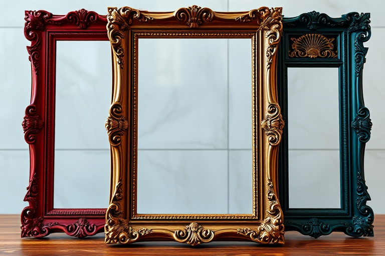 generate an image of three distinct ornate picture frames in a row, each with a different color finish: a deep red frame on the left, a gold frame in the center, and a dark green frame on the right; set against a soft, blurred background to emphasize the frames; use a Canon EOS 5D Mark IV, aperture f/2.8, ISO 100, 50mm lens, shot from a slight overhead angle to create depth and enhance the details of the frames.