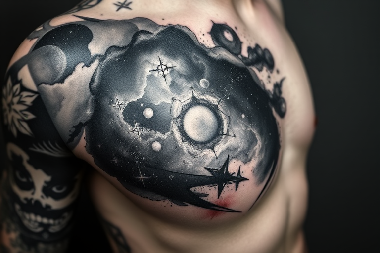 Cosmic black and gray realism tattoo, "Nebula Nocturne," showcasing a hyper-realistic depiction of deep space phenomena like nebulae, galaxies, and star clusters, using various shades of black and gray ink with white