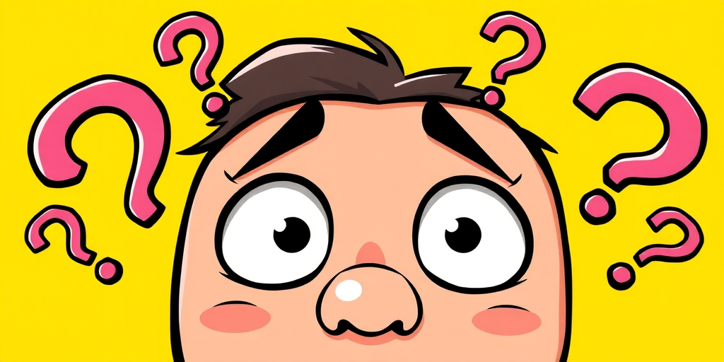 create a cartoon-style illustration of a confused face with large expressive eyes and multiple question marks above it, bright yellow background, shot with a DSLR camera at f/2.8, 50mm lens, natural lighting, high resolution