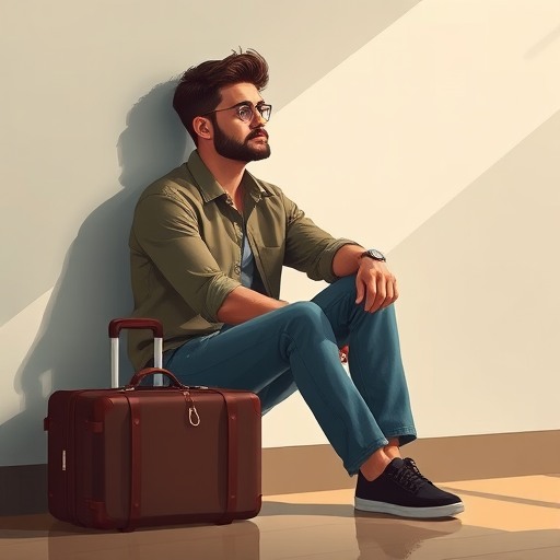 Create an illustration of a contemplative man sitting against a wall with a suitcase beside him, using a 50mm lens, f/2.8 aperture, soft natural lighting, and a slight vignette effect to enhance depth and focus.
