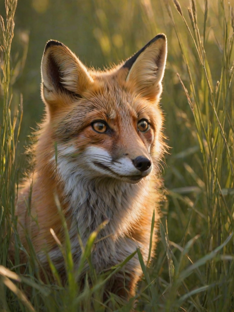 Sharp, high-resolution photo of a fox peeking through tall grass, soft light from the early morning sun illuminating its fur, distant forest in soft focus, and a sense of quiet curiosity.