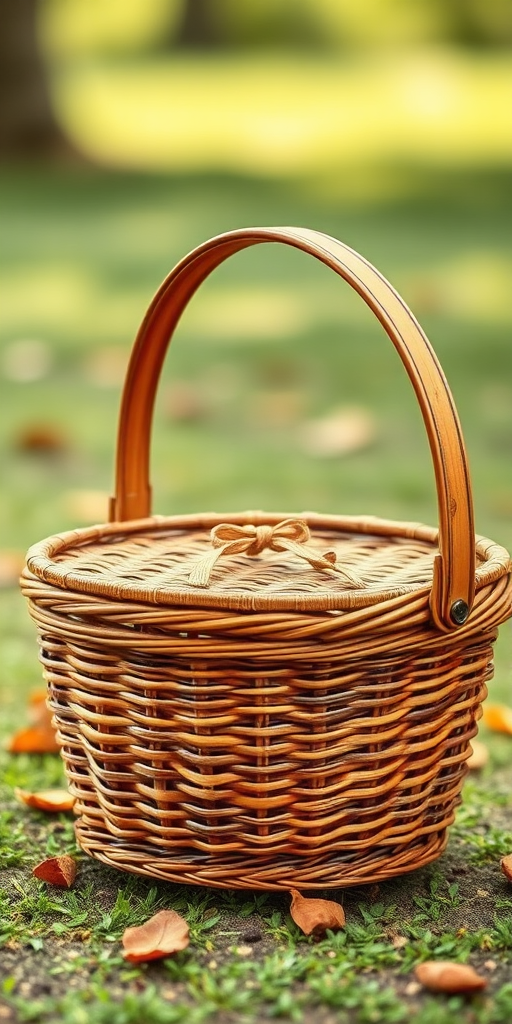 Generate a detailed illustration of a picnic basket with a brown lid, woven texture, and wooden handles, using a DSLR camera with a 50mm lens, f/2.8 aperture, ISO 100, and a soft-focus background for enhanced detail.