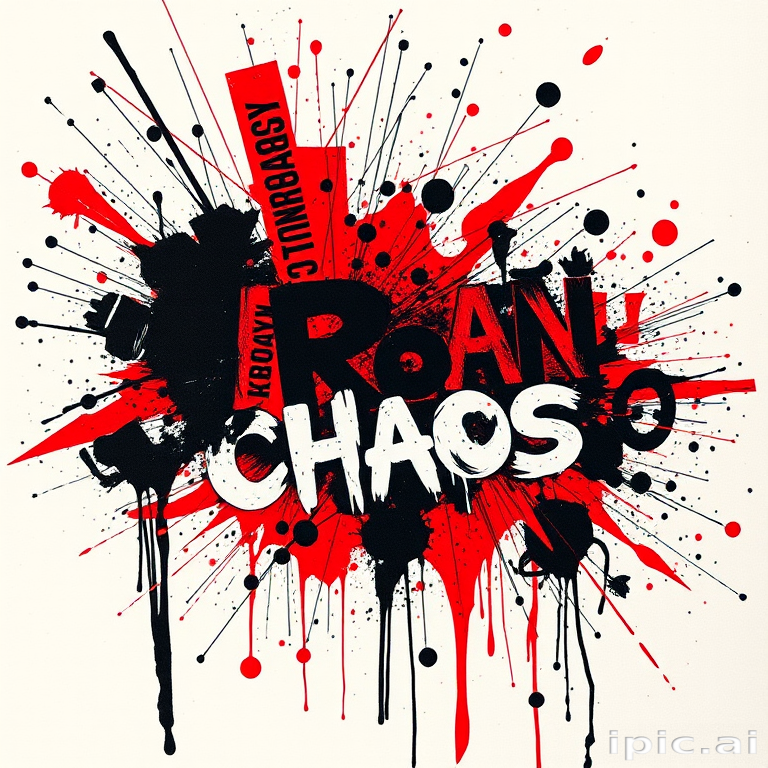 Trash polka tattoo titled "Urban Chaos" combining bold red accents with black ink splatters, text fragments, and abstract shapes to create a dynamic and edgy composition, recognized for its rebellious and avant-garde style