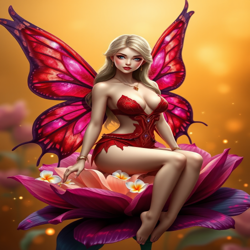A digital artwork features a winged fairy with delicate Scarlet butterfly wings, adorned with intricate Navy andFuchsia patterns. She is seated on a vibrant Navy flower, wearing a revealing red two-piece outfit with sparkling beadwork. Her fair skin, long blonde hair, and gold jewelry add to her ethereal appearance. The background is a warm, golden gradient, creating a magical atmosphere. Small glowing orbs and sparkles surround the flower, enhancing the enchanting, highly detailed, and realistic scene.
