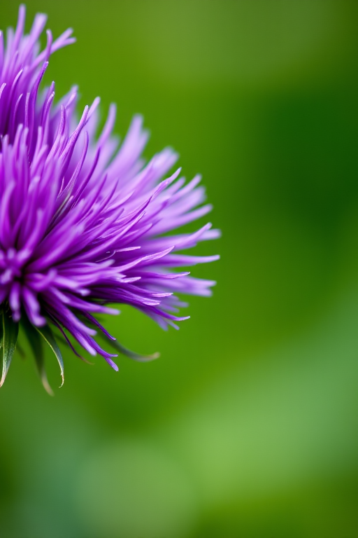 Capture a close-up shot of a thistle flower with vibrant purple blooms against a softly blurred green background, aperture f/2.8, shutter speed 1/200s, ISO 100, using a DSLR camera with a macro lens for enhanced detail and shallow depth of field.