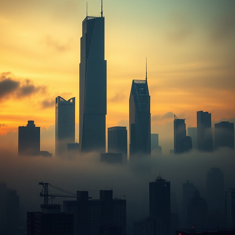 Generate a dystopian cityscape at dusk with towering skyscrapers shrouded in fog, featuring hints of fire in the foreground, shot with a Canon EOS R5, 24mm lens, f/2.8 aperture, ISO 100, with dramatic lighting and high dynamic range for enhanced detail.
