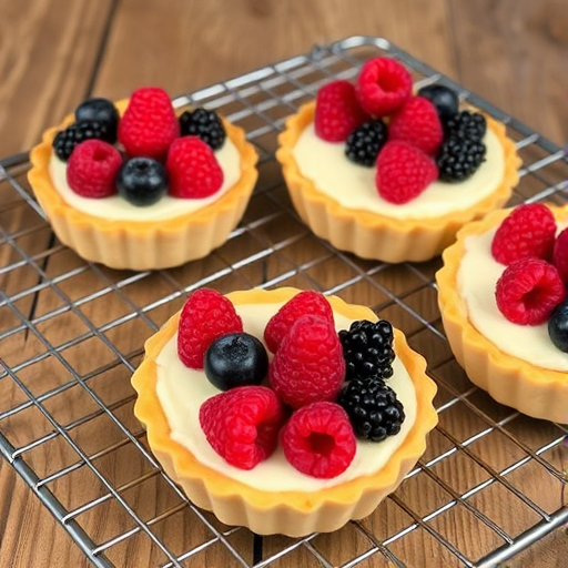 Delicious fruit tarts with a creamy filling topped with fresh raspberries blueberries and blackberries on a wire rack with a wooden background