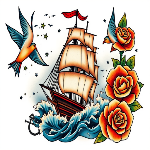 Neo-traditional tattoo named "Sailor's Lament" featuring a bold and colorful rendition of a nautical scene with a ship battling stormy seas, accented by vibrant swallow birds and classic roses, utilizing thick black outlines and a rich color palette of deep blues, bright reds, and warm yellows, incorporating traditional maritime symbols such as anchors and compasses to enhance the storytelling aspect of the design, ideal for those drawn to timeless tattoo styles with a modern twist