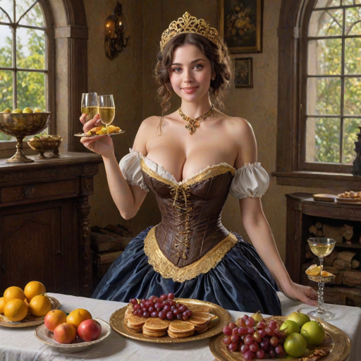 intricate details, masterpiece, best quality full body photo of insanely sensual woman, textured skin, blue eyes, (large natural breasts:1.1), cleavage, (holding a golden platter with grapes, apples, lemon, orange slice:1.1), glasses of champagne, glasses of wines, tan lines, smiling, victorian, corset, tail, black hair, bread, breasts, brown hair, candle, cleavage, dress, fire, food, gloves, grapes, indoors, large breasts, lips, looking at viewer, maid, maid headdress,  pancake, puffy sleeves,  short hair, solo, table,  window