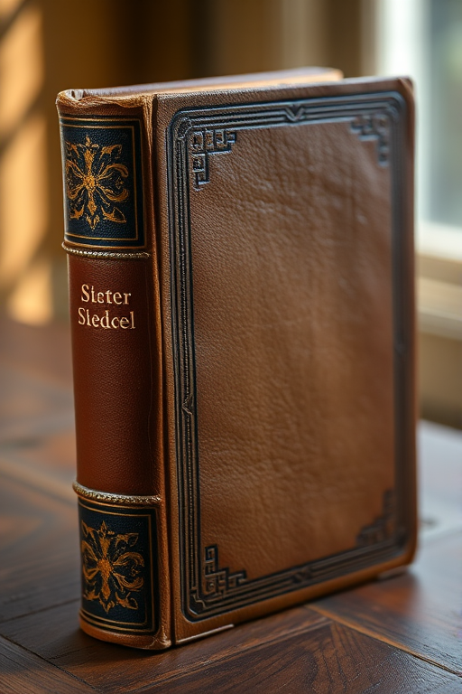 Create an image of a vintage leather-bound book with ornate detailing on the spine and a blank cover, shot with a Canon EOS R5 at f/1.8, ISO 100, 50mm lens, soft natural lighting, and a shallow depth of field to emphasize the texture of the leather.