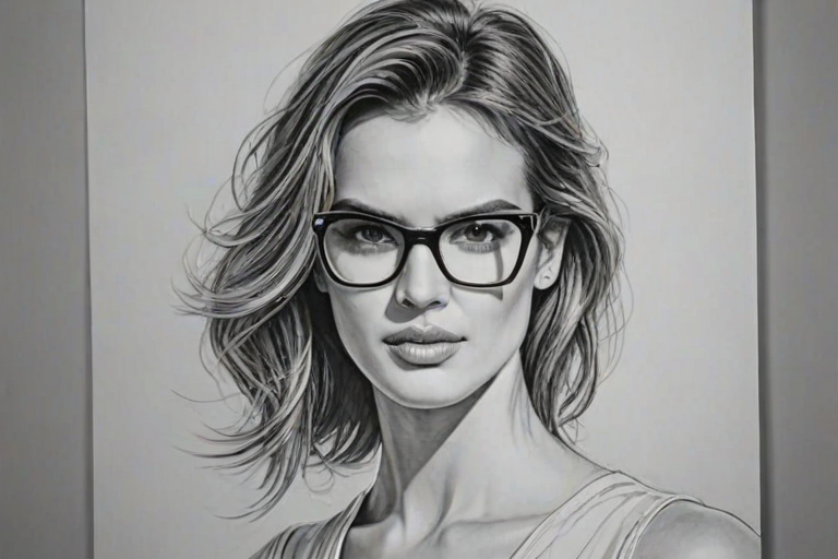 Fetching Alessandra Ambrosio, pencil sketch, portrait of Superb woman 1925s in glasses, hair style beatnik, outline, clear lines, fine lines, 8k