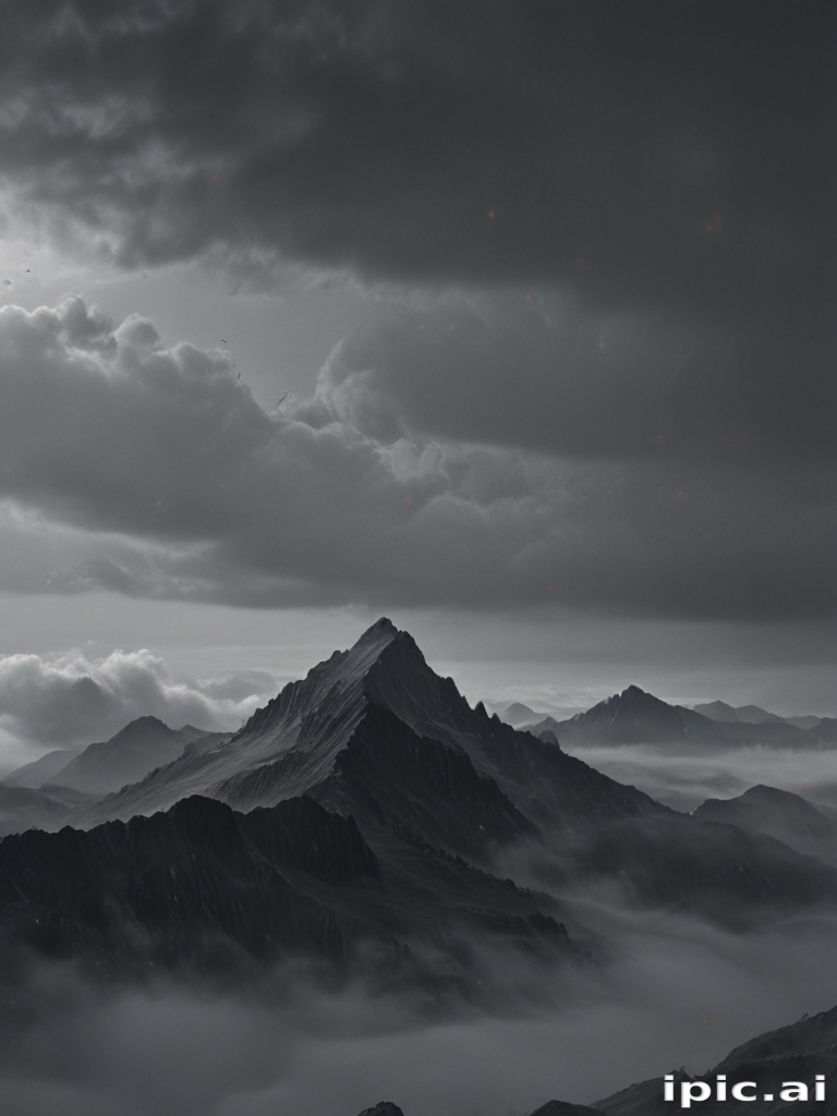 Majestic Mountain Peaks Rising Above Clouds Under Dramatic Dark Sky
