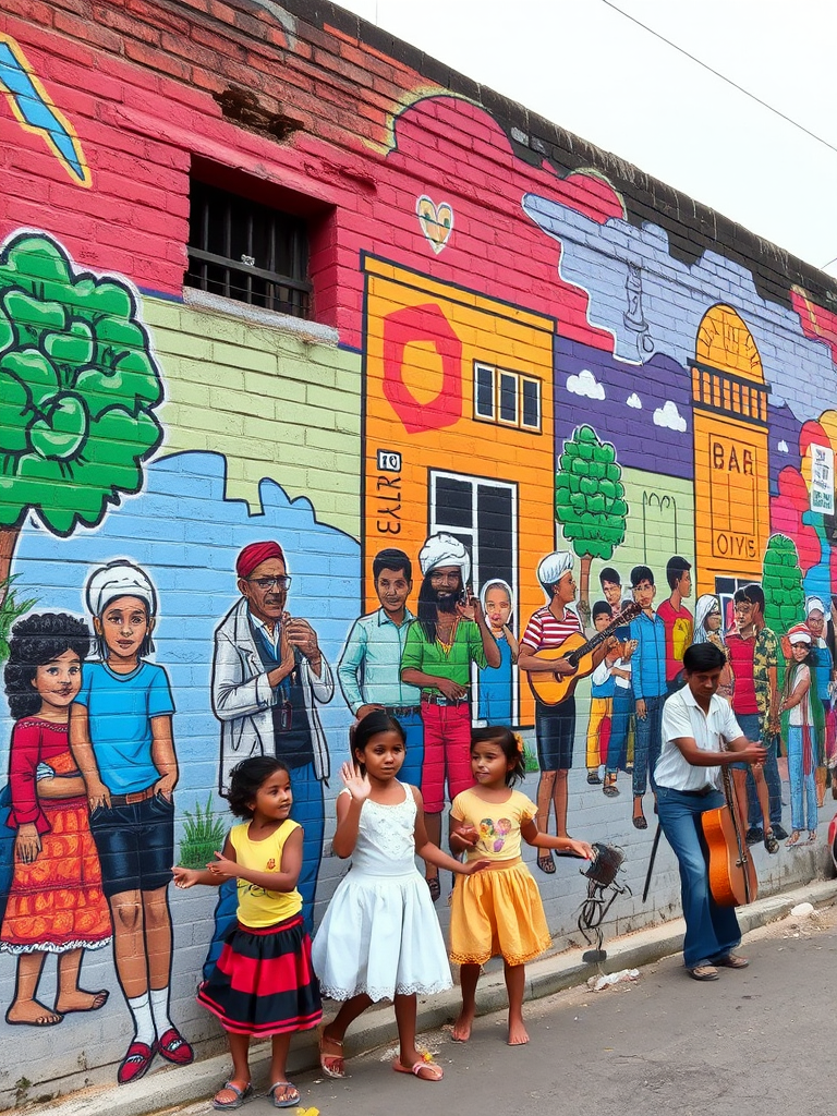 Colorful urban mural, depicting a lively street scene with people from different cultures interacting, children playing, and musicians performing, set against a backdrop of a weathered brick wall.