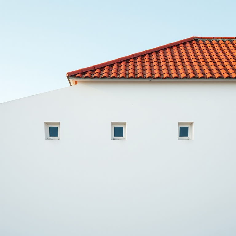 a minimalist photograph of a red-tiled roof against a plain white wall with three small windows, shot with a Canon EOS R5, 50mm lens, aperture f/2.8, ISO 100, soft natural light, high dynamic range, centered composition