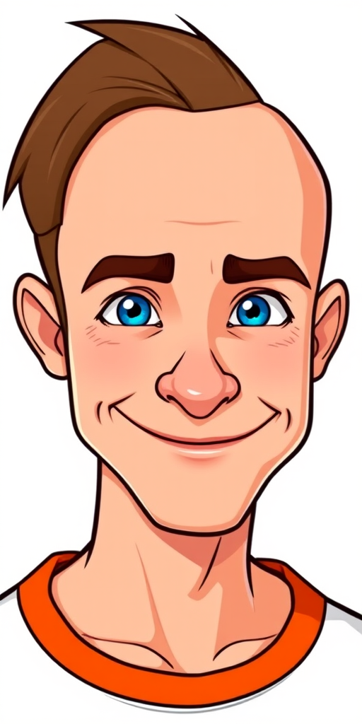 Create a high-resolution cartoon-style portrait of a bald man with brown hair on one side, blue eyes, and an orange smile, using a DSLR camera with a 50mm lens, aperture f/2.8, ISO 100, 1/200 sec shutter speed, set against a plain white background.