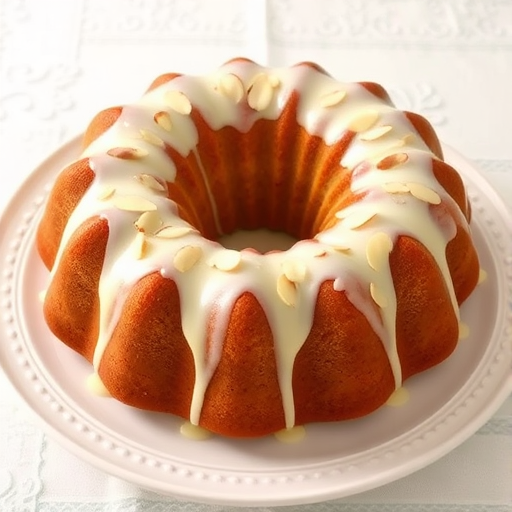 Create an image of a delicious bundt cake topped with a creamy white glaze and sprinkled with sliced almonds, placed on an elegant white plate with a decorative edge, set against a softly patterned tablecloth. The cake should have a golden brown color and a rich texture, with the glaze dripping slightly down the sides.