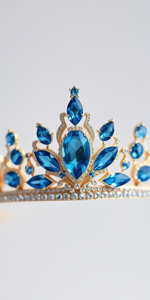 Create a high-resolution image of an intricate tiara adorned with blue gemstones on a transparent background, using a DSLR camera with a focal length of 50mm, aperture set to f/2.8, ISO 100, and a soft focus lens filter for enhanced detail.