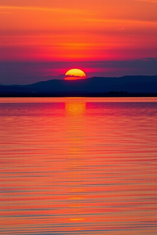 Create a high-resolution image of a sunset over a calm lake with vibrant colors reflecting on the water using a Canon EOS 5D Mark IV, 24mm lens, f/11 aperture, ISO 100, shot at golden hour for soft lighting and a smooth water surface.
