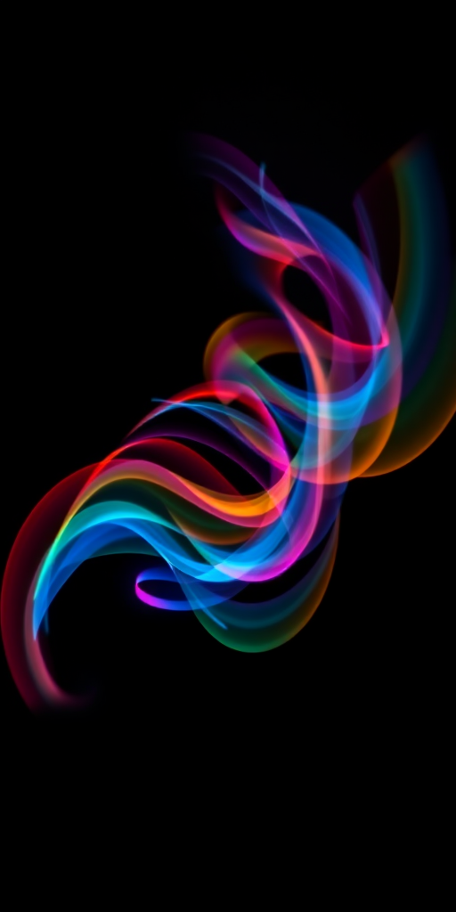 Create an abstract image of a fluid, dynamic figure with flowing lines and vibrant colors on a dark background, using a DSLR camera with a 50mm lens, f/1.8 aperture, ISO 200, shot in low light with a long exposure to capture motion blur.
