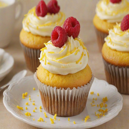 Create an image of a delicious cupcake with a raspberry on top, decorated with whipped cream and lemon zest. The cupcake should have a moist yellow cake base and a visible filling of raspberry and creamy vanilla custard. The setting should be bright and inviting, emphasizing the freshness and sweetness of the dessert.
