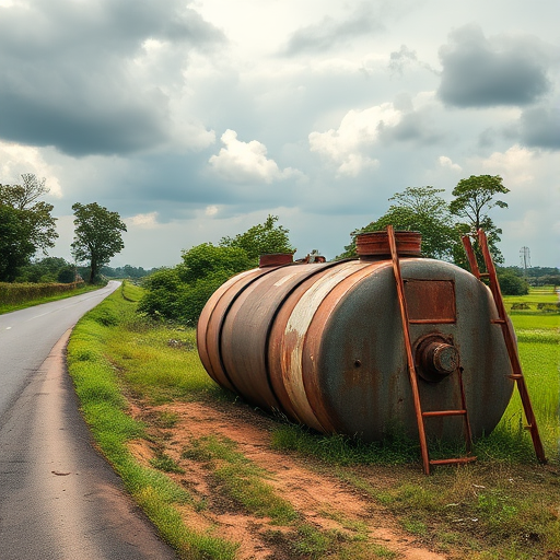 Generate an image of an abandoned rusted tank on the side of a rural road surrounded by greenery under a cloudy sky, captured with a DSLR camera at f/8, ISO 100, 1/250s, using a wide-angle lens with a landscape perspective.