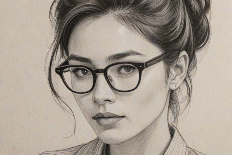 Appealing Manny Jacinto, pencil sketch, portrait of Bewitching woman 1964s in glasses, hair style beatnik, outline, clear lines, fine lines, 8k