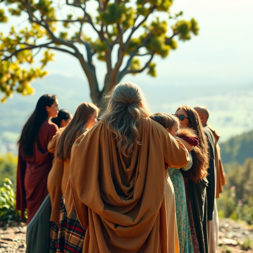 Create an inspiring scene of a majestic figure with long hair and robes, welcoming a group of diverse people in a warm embrace, set against a scenic backdrop with soft sunlight; use a DSLR camera with a 50mm lens, aperture f/1.8, ISO 100, and a shallow depth of field for a dreamy effect.
