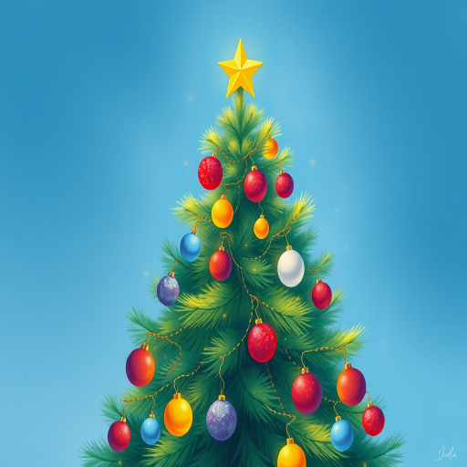 Create a vibrant illustration of a Christmas tree adorned with colorful ornaments and a star on top, using a digital painting style with soft pastels, shot from a slightly elevated angle, using a Canon EOS R5 with a 50mm f/1.2 lens at f/2.8, ISO 100, 1/200 sec.