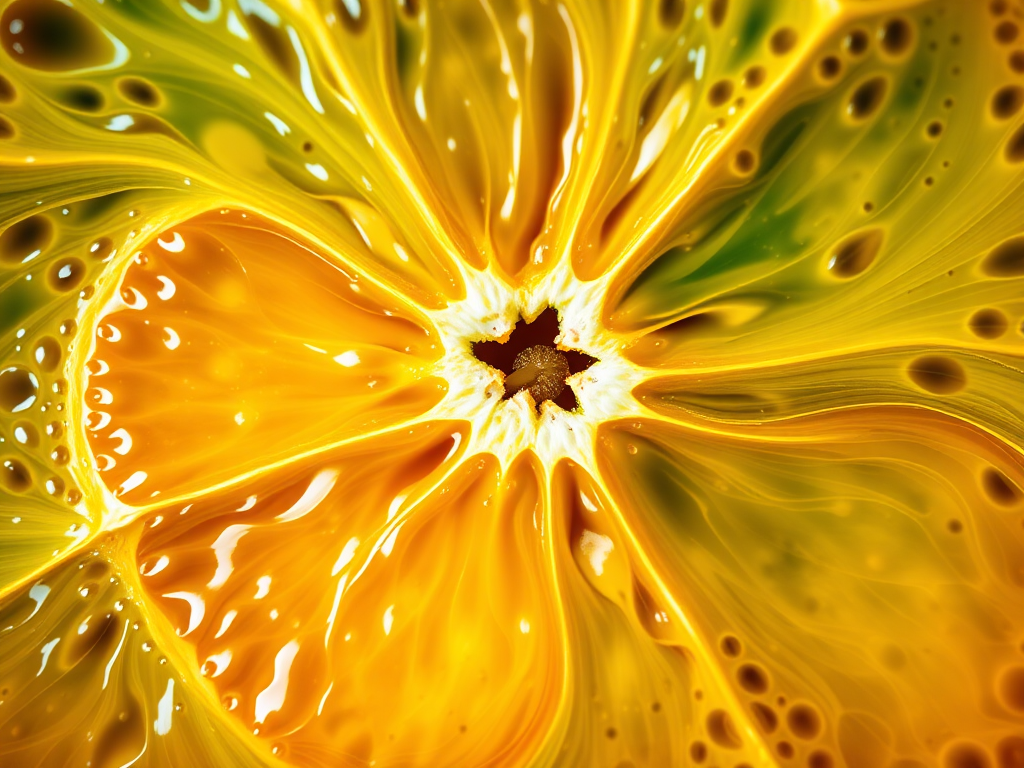 create an abstract artwork of a vibrant orange slice surrounded by swirling green and yellow patterns, captured with a DSLR camera at f/2.8 aperture, 1/60s shutter speed, ISO 200, in a close-up view with macro lens to enhance texture and color detail