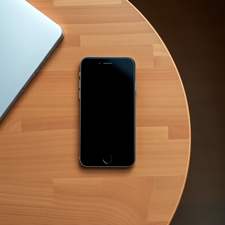 Generate a high-resolution image of a sleek, modern smartphone on a wooden table, natural lighting, 50mm lens, f/1.8 aperture, ISO 100, shot from a top-down view.