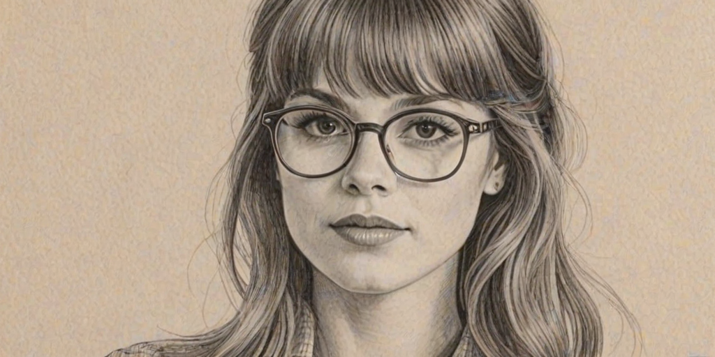 Bewitching Katja Herbers, pencil sketch, portrait of Pleasing woman 1969s in glasses, hair style beatnik, outline, clear lines, fine lines, 8k