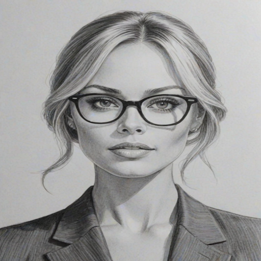 Exquisite Laura Vandervoort, pencil sketch, portrait of Elegant woman 1960s in glasses, hair style beatnik, outline, clear lines, fine lines, 8k