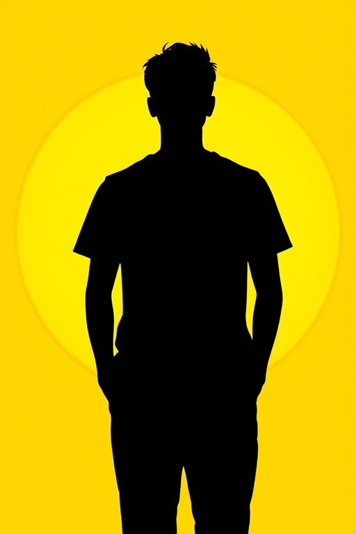 Create a silhouette of a person against a circular yellow background with a smooth gradient, using a 50mm lens, f/1.8 aperture, ISO 200, soft lighting, front view, digital camera style, high resolution.