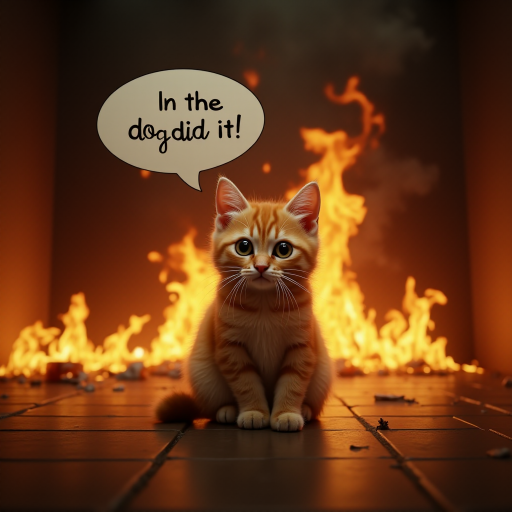 Photorealistic image of an innocent-looking cat sitting calmly in the middle of a burning room. Flames engulf the room, with fire licking up the walls and smoke filling the air. The cat is sitting on the floor, looking directly at the viewer with wide, innocent eyes. Above the cat, a speech bubble says "The dog did it". The contrast between the cat's calm demeanor and the chaos around it creates a humorous and surreal scene.