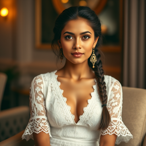 Create a portrait of a refined and elegant Nepali woman seated in a sophisticated setting. She has long, wavy hair styled in two thick braids that are pulled over her shoulders. She wears a white, lace gown with intricate patterns, featuring a deep V-neckline and short sleeves. The dress exudes a vintage charm with its delicate lacework. She is adorned with ornate, dangling earrings that add a touch of glamour to her appearance. The background is softly lit, with warm, ambient lighting that creates a cozy and inviting atmosphere. Her expression is poised and serene, capturing a sense of grace and elegance.