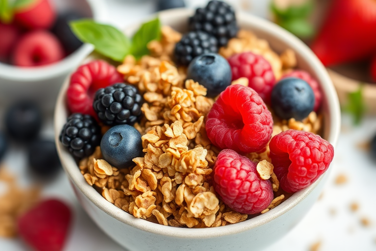 A close-up shot of a bowl filled with granola and assorted fresh berries like raspberries, blueberries, and blackberries, styled elegantly on a soft focus white background, with natural lighting, using a DSLR camera with a 50mm lens, aperture set to f/2.8, ISO 100, and a shallow depth of field to enhance image quality.